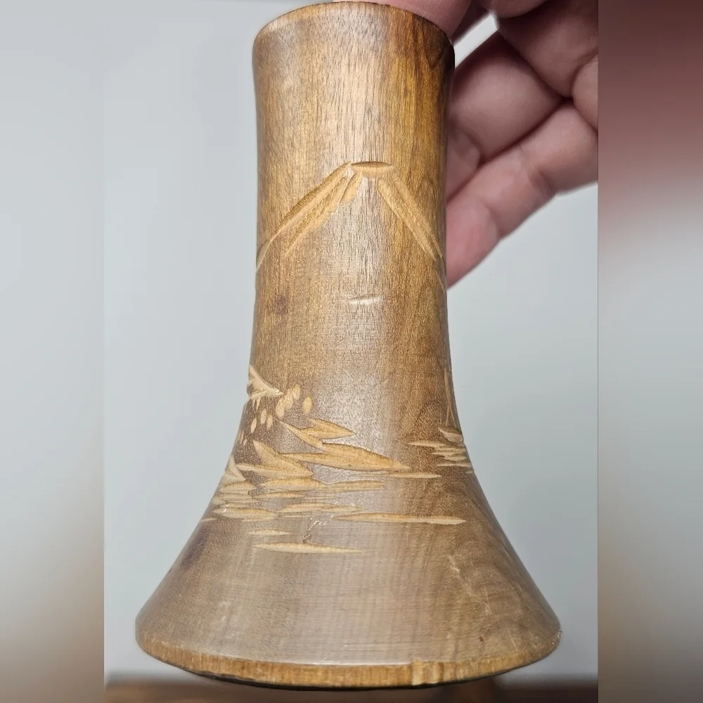 Handcrafted Asian Carved Wood Bud Vases/Candlestick Holders 4.25